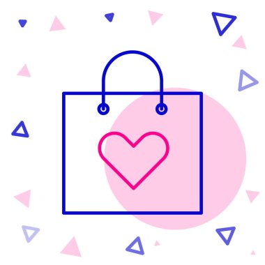 Beyaz arka planda kalp ikonu olan bir alışveriş torbası. Alışveriş torbası sevgisi kalp ikonu gibidir. Sevgililer Günü sembolü. Renkli taslak konsepti. Vektör İllüstrasyonu.