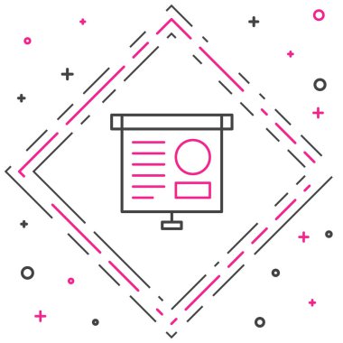 Grafik, çizelge, grafik, grafik, diyagram, bilgi, turta grafik simgesi içeren çizgi sunum tahtası beyaz arkaplanda izole. Renkli taslak konsepti. Vektör İllüstrasyonu.