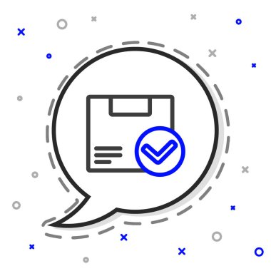 Beyaz arkaplanda işaretleme simgesi olan satır paket kutusu. Paket kutusu. Onaylanmış teslimat veya başarılı paket makbuzu. Renkli taslak konsepti. Vektör İllüstrasyonu.