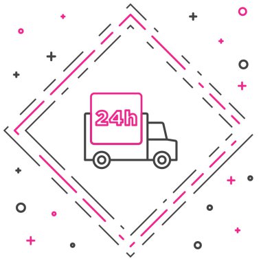 Beyaz arka planda izole edilmiş araç ikonu ile 24 saat hızlı servis. Renkli taslak konsepti. Vektör.