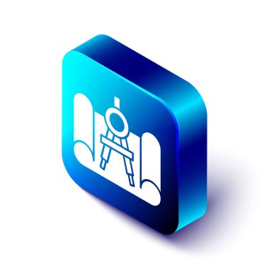 Mühendislik için Isometric Grafik kağıdı ve beyaz arkaplanda izole edilmiş pusula simgesi çizimi. Mavi kare düğme. Vektör İllüstrasyonu.