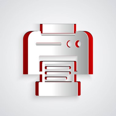 Kağıt kesiği Yazıcı simgesi gri arkaplanda izole edildi. Kağıt sanatı tarzı. Vektör İllüstrasyonu.