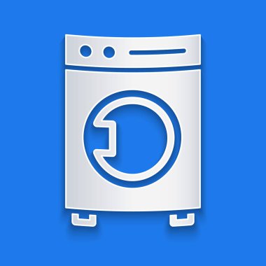 Kağıt kesiği simgesi mavi arkaplanda izole edilmiş. Çamaşır makinesi simgesi. Çamaşır makinesi, çamaşır makinesi. Ev aletleri sembolü. Kağıt sanatı tarzı. Vektör İllüstrasyonu.