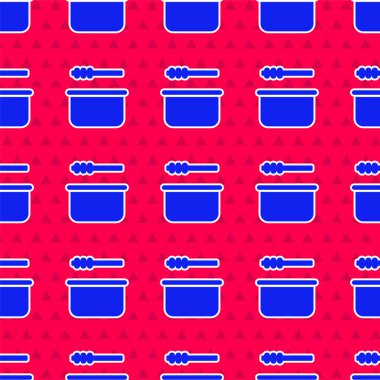 Mavi sauna kovası ve kepçe ikonu kırmızı arka planda izole edilmiş pürüzsüz desen. Vektör İllüstrasyonu.