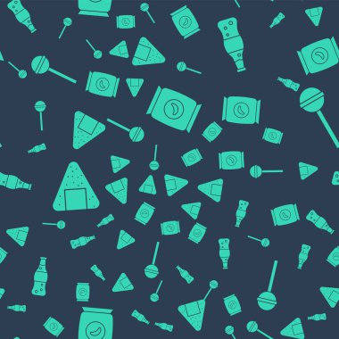 Poşet ya da paket patates cipsi, bir şişe su, Onigiri ve Lolipop 'u pürüzsüz desene ayarlayın. Vektör.