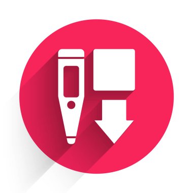 Tıbbi muayene ikonu için beyaz medikal dijital termometre uzun gölgeli. Kırmızı daire düğmesi. Vektör.