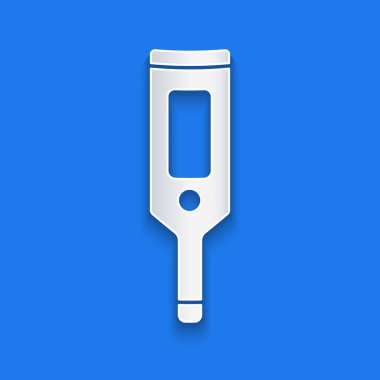 Tıbbi muayene ikonu için kağıt kesilmiş dijital termometre mavi arka planda izole edilmiş. Kağıt sanatı tarzı. Vektör.