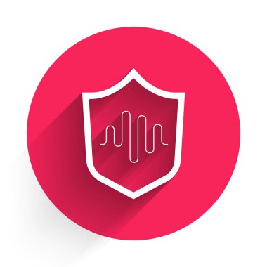 Beyaz Kalkan ses tanıma simgesi uzun gölgeli izole edildi. Kimlik tanıma için ses biyometrik kimlik doğrulaması. Kırmızı daire düğmesi. Vektör.