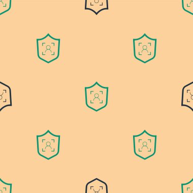 Yeşil ve siyah Kalkan yüz tanıma simgesi bej arka planda izole edilmiş pürüzsüz desen. Yüz tanımlama simgesi. Yüz tanıma. Siber güvenlik kavramı. Vektör.