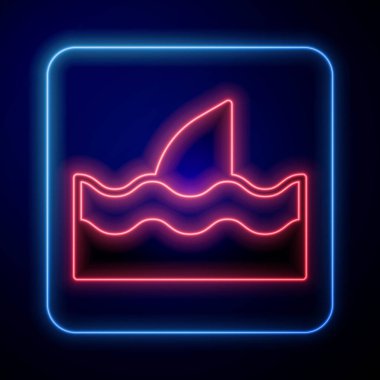 Okyanus dalgası ikonunda parlayan neon köpekbalığı yüzgeci mavi arkaplanda izole edilmiş. Vektör.