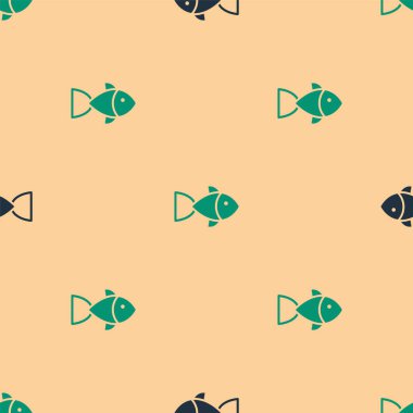 Yeşil ve siyah balık ikonu, bej arkaplandaki kusursuz deseni izole etti. Vektör.
