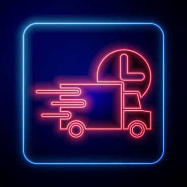 Işıldayan neon hızıyla mavi arka planda izole edilmiş araba ikonu ile 24 saat teslimat. Vektör.