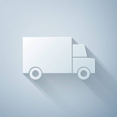 Kağıt, gri arka planda izole edilmiş araba ikonu ile günün her saati hızlı kesilmiş. Kağıt sanatı tarzı. Vektör.