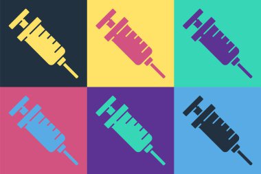 Pop Art GDO şırınga ikonu renk arkaplanında izole edildi. Genetik olarak değiştirilmiş organizma kısaltması. DNA gıda modifikasyonu. Vektör.