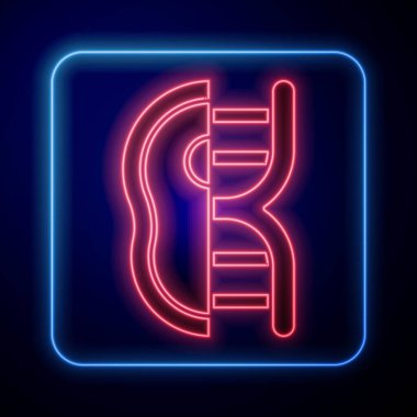 Parlayan neon, genetik olarak modifiye edilmiş et ikonu mavi arka planda izole edilmiş. Ete şırınga enjekte ediliyor. Vektör.