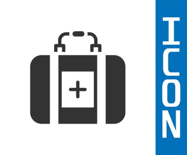 Gri ilk yardım çantası simgesi beyaz arkaplanda izole edildi. Haçlı sağlık kutusu. Acil durumlar için tıbbi ekipman. Sağlık sigortası konsepti. Vektör.