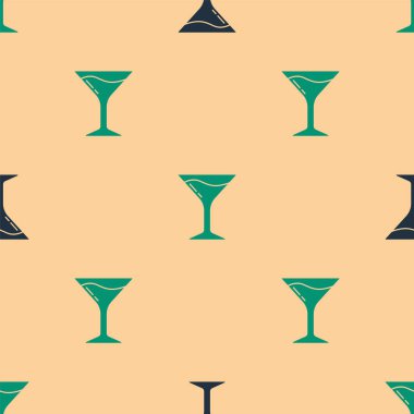 Yeşil ve siyah Martini cam ikonu bej arka planda izole edilmiş pürüzsüz desen. Kokteyl ikonu. Şarap kadehi ikonu. Vektör.