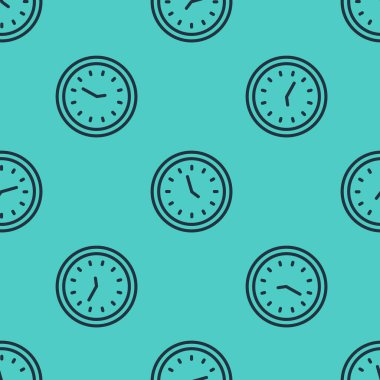 Siyah çizgi saat simgesi yeşil arkaplandaki kusursuz deseni izole etti. Zaman sembolü. Vektör İllüstrasyonu.