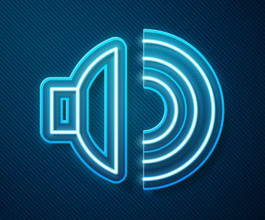 Parlayan neon hattı Hoparlör sesi, ses sembolü, mavi arkaplanda izole edilmiş medya müzik simgesi. Vektör İllüstrasyonu.