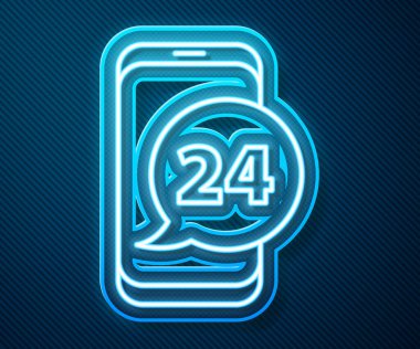 Parlayan neon hattı yiyecek siparişi mavi arka planda izole edildi. Cep telefonuyla sipariş verin. Restoran yemek teslimatı konsepti. Vektör İllüstrasyonu.