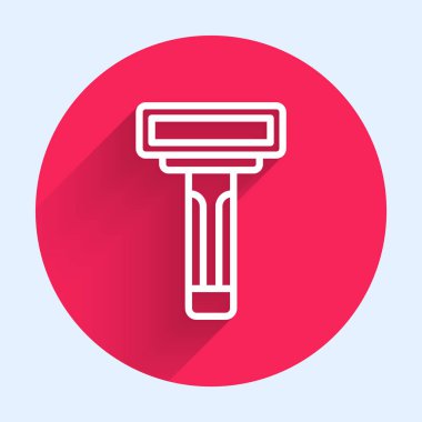 Tıraş makinesi simgesi uzun gölgeli beyaz çizgi. Kırmızı daire düğmesi. Vektör.