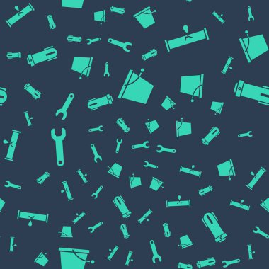 Bucket 'ı, su sızdıran kırık boruyu, İngiliz anahtarını ve su filtresini pürüzsüz desene ayarlayın. Vektör.