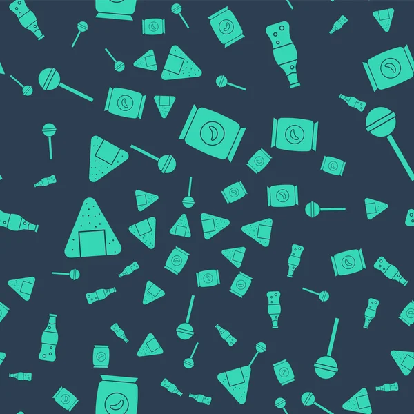 Poşet ya da paket patates cipsi, bir şişe su, Onigiri ve Lolipop 'u pürüzsüz desene ayarlayın. Vektör.