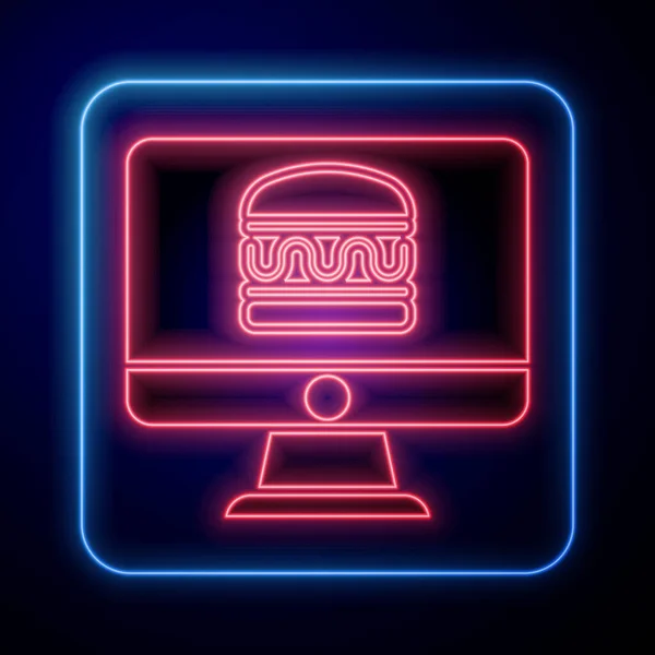 Leuchtende Neon Online Bestellung Und Fast Food Lieferung Symbol Isoliert — Stockvektor