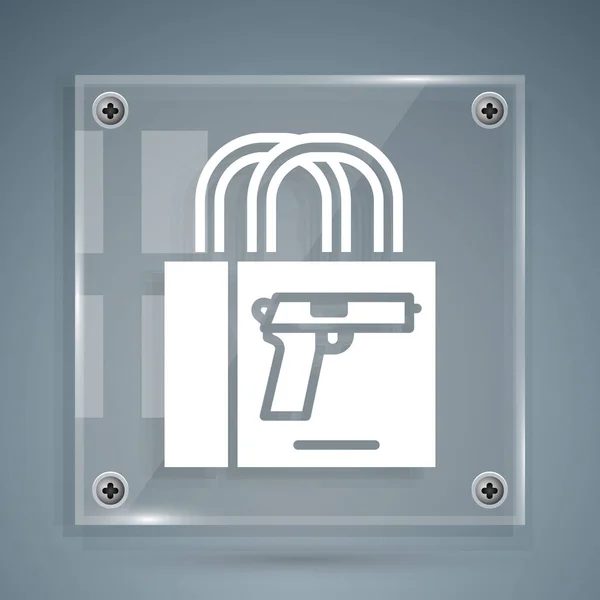 Bílá Nákup Pistole Ikona Izolované Šedém Pozadí Kupuji Zbraň Čtvercové — Stockový vektor