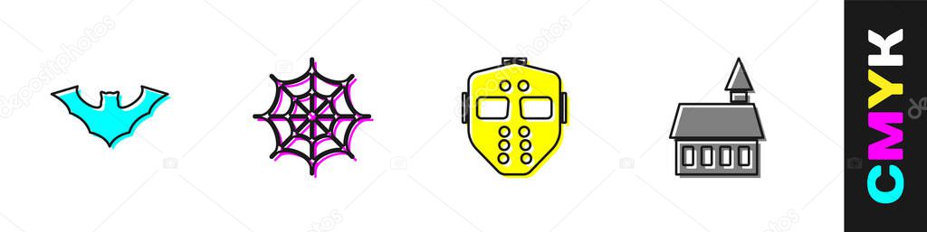 Set Flying bat, Spider web, Hockey mask and Castle icon. Vector. — Stock Illustration Set Flying Bat Spider Web Hockey Mask Castle Icon Vector Stock Illustration
