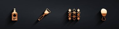 Tabasco sosu, Spatula, ızgara şiş kebap ve uzun gölgeli tavuk budu ikonu hazırla. Vektör.