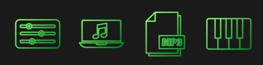 Satır MP3 dosya belgesi, ses karıştırıcı denetleyici, notalı dizüstü bilgisayar ve müzik sentezleyicisini ayarla. Renk simgeleri. Vektör.