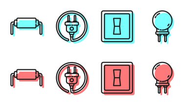 Elektrik düğmesi, rezistör elektriği, elektrik prizi ve ışık yayan diyot ikonu ayarla. Vektör.