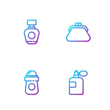 Parfüm, terleme önleyici deodorant rulosu ve debriyaj torbasını ayarla. Renk simgeleri. Vektör.