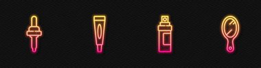 Parfüm, Pipette, krem ya da losyon kozmetik tüpü ve el aynasını ayarla. Parlayan neon ikonu. Vektör.