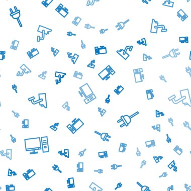 Bilgisayar monitörünü, elektrik prizini ve güvenlik kamerasını kusursuz şekilde ayarla. Vektör.