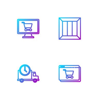 Ekranda online alışveriş, lojistik teslimat kamyonu ve saat, alışveriş arabası bilgisayarı ve tahta kutu. Renk simgeleri. Vektör.
