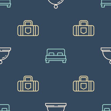 Hat otelinin servis zilini, bavulu ve büyük yatağı kusursuz şekilde ayarla. Vektör.