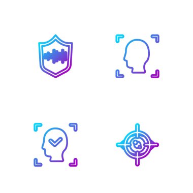 Çizgi göz taraması, yüz tanıma, kalkan sesi ve... Renk simgeleri. Vektör.