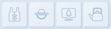 Can yeleği, orman konumu, saplı kamp şapkası ve su ısıtıcısı. Beyaz kare düğme. Vektör.