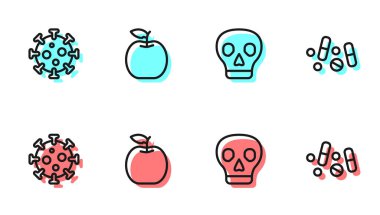 Skull, Virus, Apple and Medicine hapı ya da tablet ikonu. Vektör.