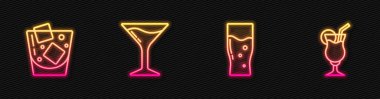 Bir bardak bira, viski, martini bardağı ve kokteyl. Parlayan neon ikonu. Vektör.