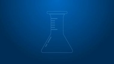 Mavi arka planda beyaz çizgi test tüpü ve matara simgesi izole edildi. Kimyasal laboratuvar testi. Laboratuvar camları. 4K Video hareketli grafik canlandırması