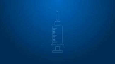 Beyaz çizgi şırınga ikonu mavi arkaplanda izole edildi. Aşı için şırınga, aşı, iğne, grip aşısı. Tıbbi ekipman. 4K Video hareketli grafik canlandırması