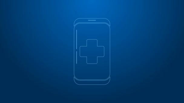 Línea blanca Llamada de teléfono móvil de emergencia al icono del hospital aislado sobre fondo azul. Animación gráfica de vídeo 4K — Vídeo de stock