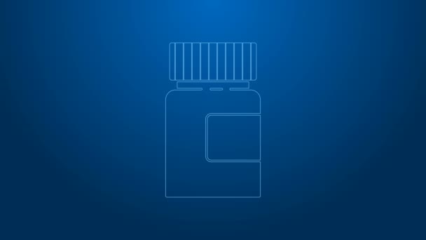 白い線青い背景に単離された医学ボトルのアイコン.瓶の丸薬のサイン。薬局の設計。4Kビデオモーショングラフィックアニメーション — ストック動画