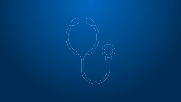 Weiße Linie Stethoskop medizinisches Instrument Symbol isoliert auf blauem Hintergrund. 4K Video Motion Grafik Animation — Stockvideo