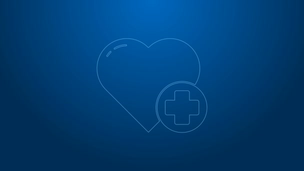 Línea blanca Corazón con un icono de cruz aislado sobre fondo azul. Primeros auxilios. Signo de atención sanitaria, médica y farmacia. Animación gráfica de vídeo 4K — Vídeos de Stock