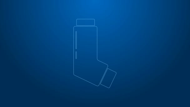 Witte lijn Inhaler pictogram geïsoleerd op blauwe achtergrond. Adem voor hoestverlichting, inhalatie, allergische patiënt. Medische allergie astma inhalator spray. 4K Video motion grafische animatie — Stockvideo