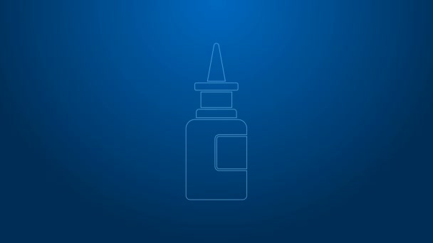 Linea bianca Bottiglia icona spray nasale isolato su sfondo blu. Animazione grafica 4K Video motion — Video Stock